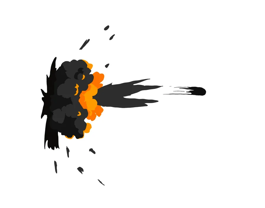Concept art for the cannon blast: a dark smoke bloom with orange fire at its leading edge, a muzzle flare behind it, and the cannonball trailing away to the right