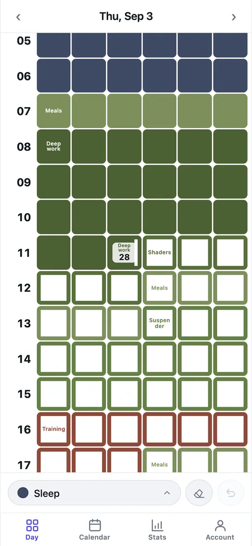 A day in day: a grid of ten-minute blocks, the morning solid in activity colours, the current block part-filled with a countdown, and the rest of the day outlined