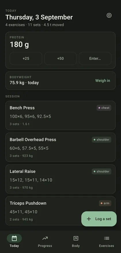 Suspender's today screen showing protein, the latest weigh-in, and the session's four exercises with their sets